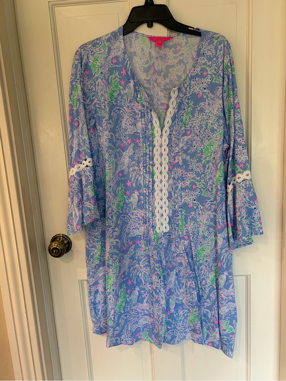 Lilly Pulitzer Blue Tropical Print Tunic with White Lace Trim